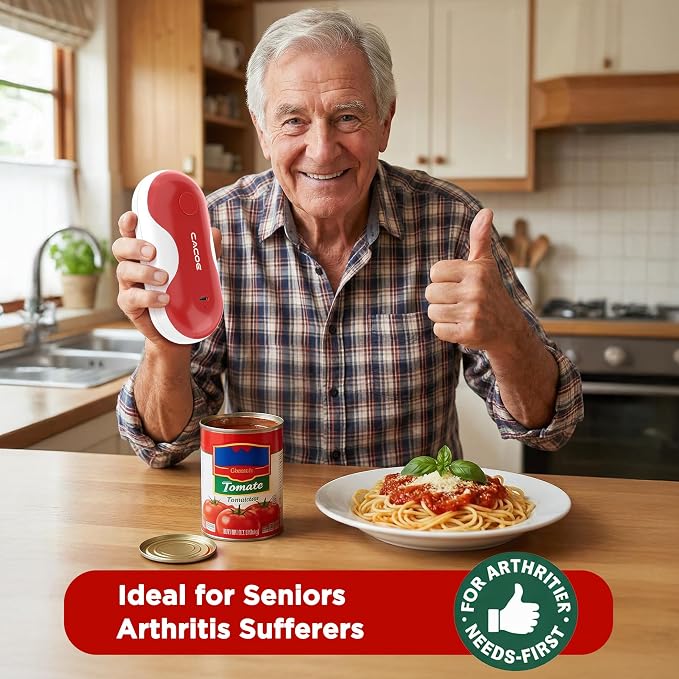 CACOE Automatic Smart Electric Can Opener with Auto Stop & USB-C Charging | Cordless Can Opener for Elderly and Arthritic Users for Seniors & Arthritis, Effortless One-Touch Open (red)