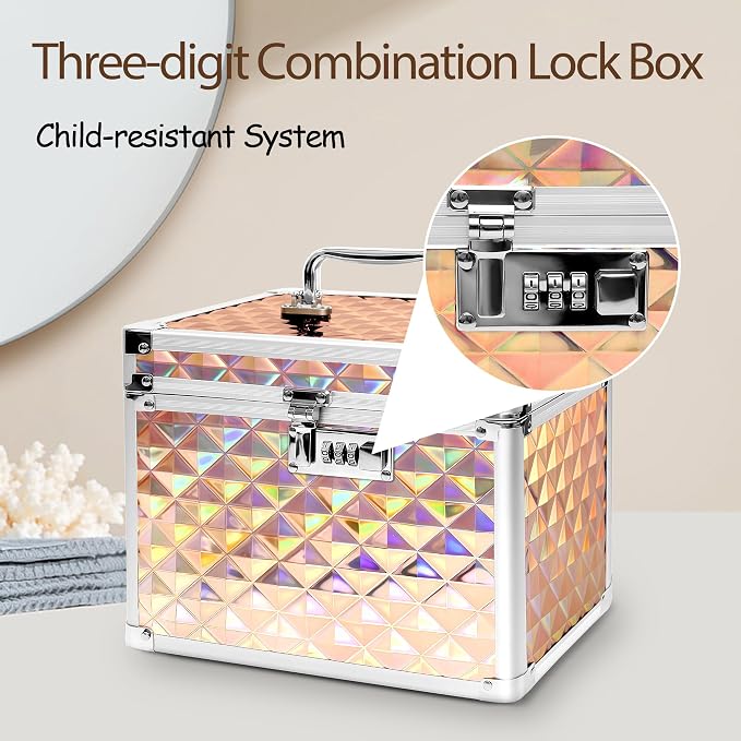 Medication Combination Lock Boxes with Code for Personal Items, Medicine Lockbox for Documents 10 x 7.25 x 7.75 Inches Plaid Gold
