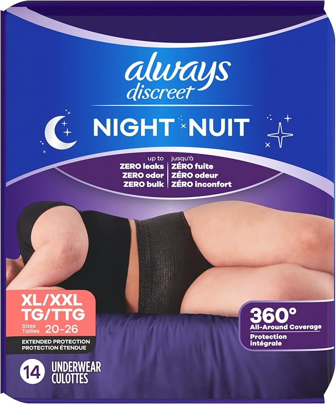 Always Discreet Night, Reimagined Adult Diapers for Women, Extended Overnight Absorbency Incontinence and Postpartum Underwear Size XL/XXL, 360 Degree Coverage While Laying Down, 14 Count (Pack of 2)