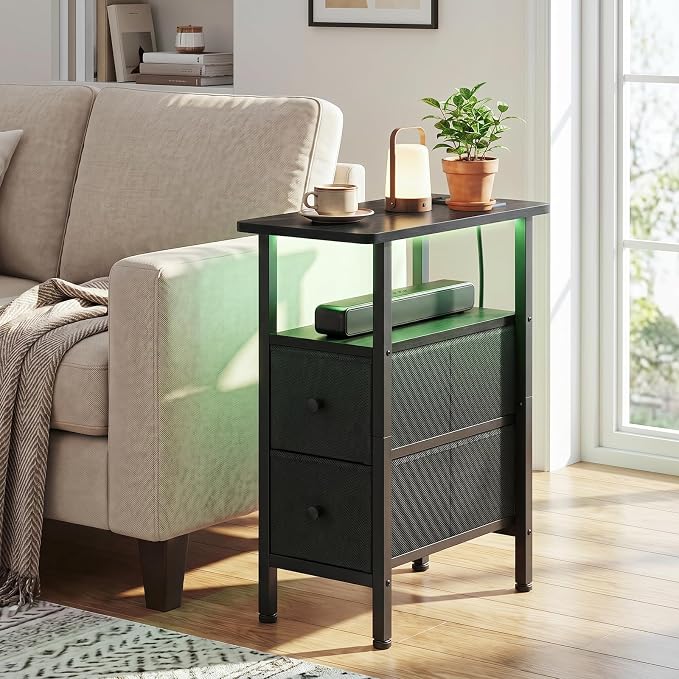 Narrow End Table with Charging Station, Small Nightstand | Skinny Side Tables Living Room with 2 Fabric Drawers, Bedside Table with LED Lights for Bedroom, Small Spaces, Black