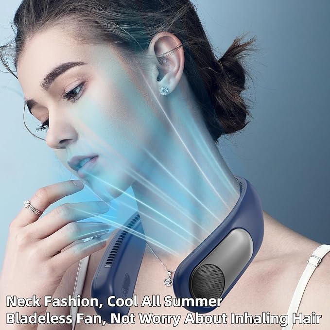 Portable Neck Fan, Personal Wearable Bladeless Fan for Outdoor Indoor, LED Display, 360° Cooling, 4-Speeds, 6000mAh USB Rechargeable, Birthday Gifts for Men Women Dad Mom (Blue)