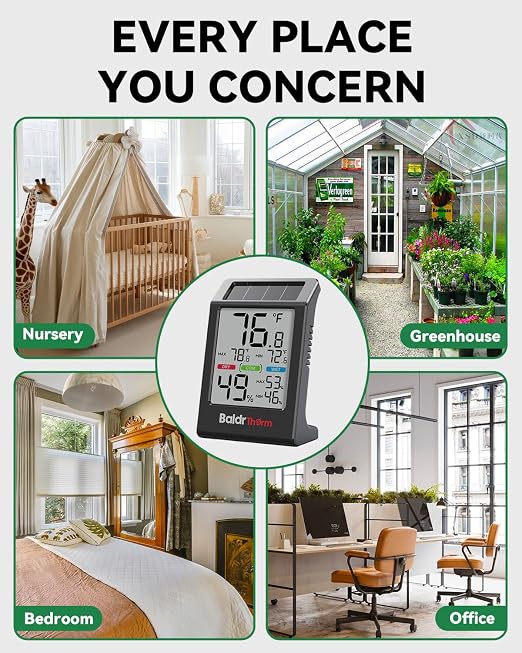 BALDR Solar Indoor Thermometer Hygrometer, Max/Min, Comfort Meter(Black) | Solar & Battery Dual Power |No Setup or App Required |Clear Comfort Level Indicator |Flexible Desk or Wall Placement