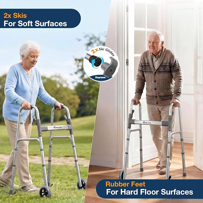WHLICKS Standard Walkers for Seniors with 2 Skis and 5" Wheels | Folding Walker with 8 Height Adjustment, Lightweight Aluminum Frame, Easy to Assemble and Storage, Supports 300 lbs