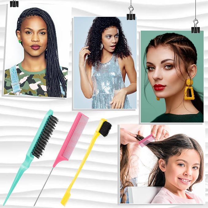 Geiserailie 3 Pcs Slick Back Hair Brush Set Bristle Brush Edge Control Teasing Comb for Women Black Hair(Yellow,Pink,Cyan)