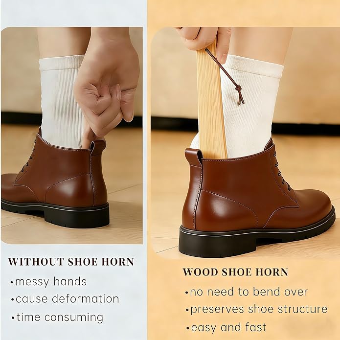 Wooden Shoe Horn Set, 15'' Long Handle for Seniors & Adults, 10.25'' Short Shoe Spoon for Kids, 2-Pack Boot Horn