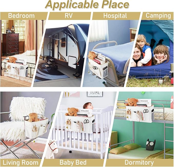 Bedside Caddy Organizer Hanging Storage Bag Bunk Bed White | Bed Caddy with Magazine Water Bottle Phone Holder for College Dorm and Hospital Beds