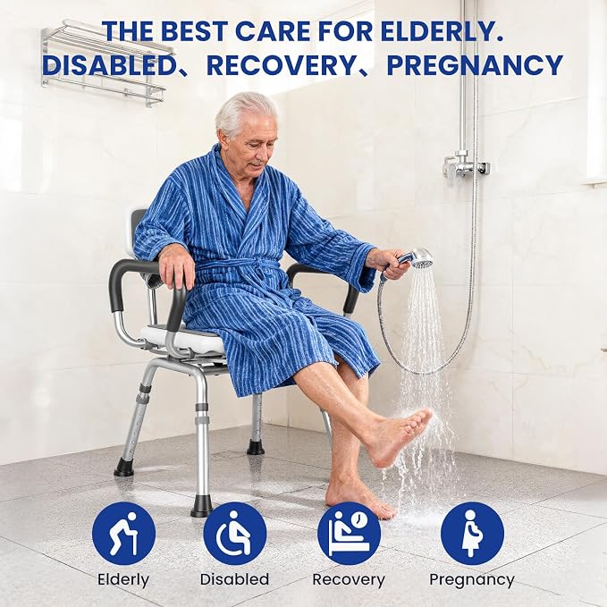 Deluxe Swivel Shower Chair with Arms & Back by CZMY, 360° Locking Seat, 5-Level Height Adjustable, Padded Heavy-Duty Bath Chair, 300 lbs, for Seniors, Elderly, Handicap & Disabled