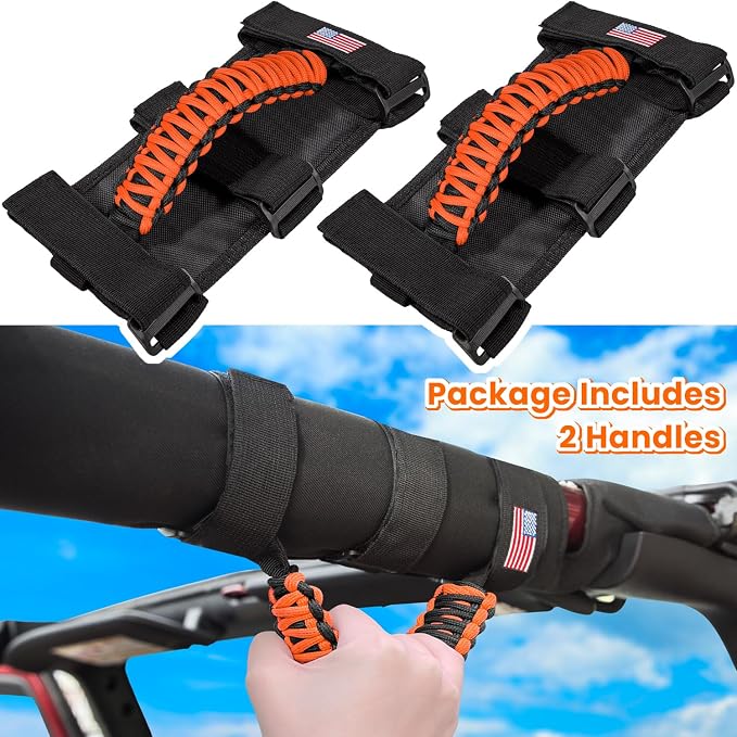 Roll Bar Grab Handles Grip Handle for Jeep Wrangler JK JKU JL JLU TJ YJ Sport Sahara Freedom Rubicon Unlimited Gladiator JT 1955-2023 UTV ATV Accessories Premium Paracord US Flag (Orange 2 Pack)
