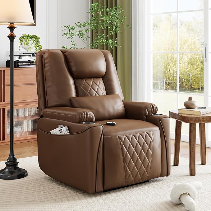Recliner Chair, Electric Power Lift Chair with Remote, Stand Assist for Elderly, 3 Adjustable Positions, USB Charging Ports, Cup Holders, Side Storage Pockets, Comfortable Sofa for Living Room, Brown