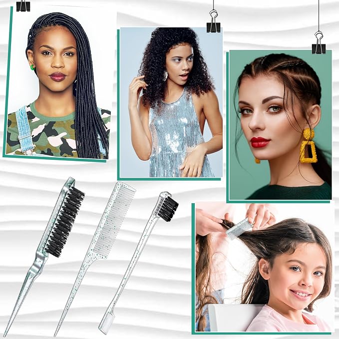 Geiserailie 3 Pcs Slick Back Hair Brush Set Bristle Brush Edge Control Teasing Comb for Women Black Hair(Clear Green)