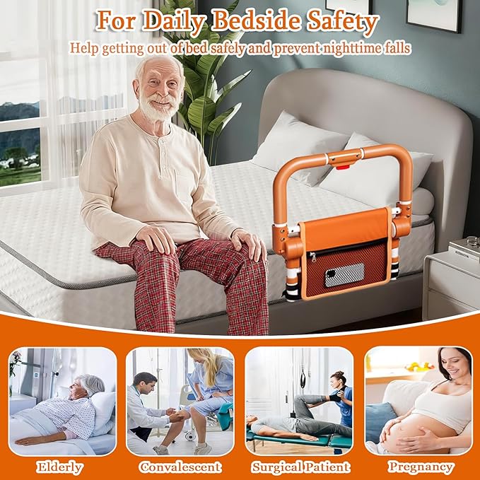 Bed Rails for Elderly Adults Safety, Adjustable Folding Bed Assist Rails for Seniors, Foldable Bed Side Rails with Non-Slip Handle and Storage Pouch, Fits King Queen Full Twin Beds