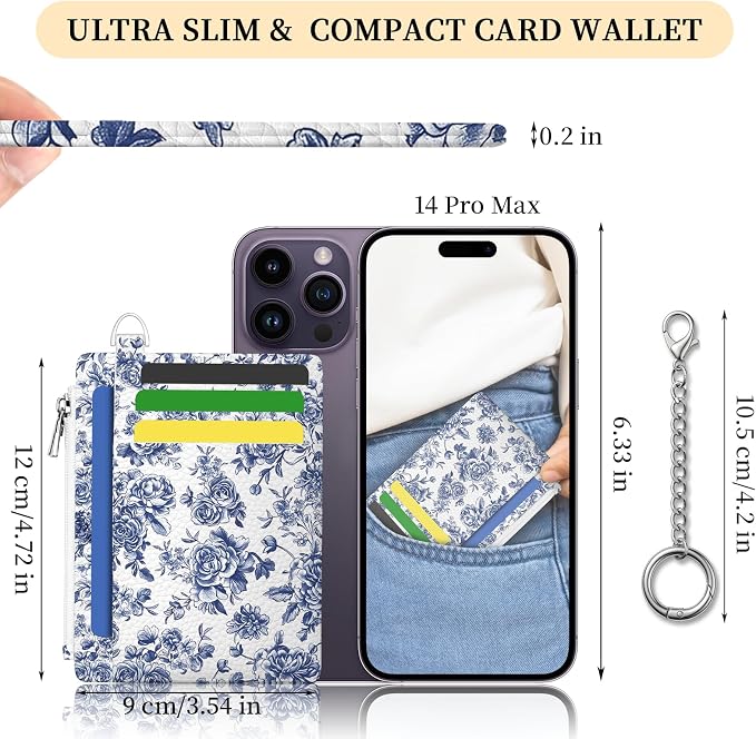 Hancynir Floral Flower Credit Card Holder Small Wallet Women Slim RFID Cute | Zipper Keychain Pocket Wallet, Thin Travel Coin Purse, PU Leather, Minimalist Card Case, 6 Card Slots, Ladies Women Gifts