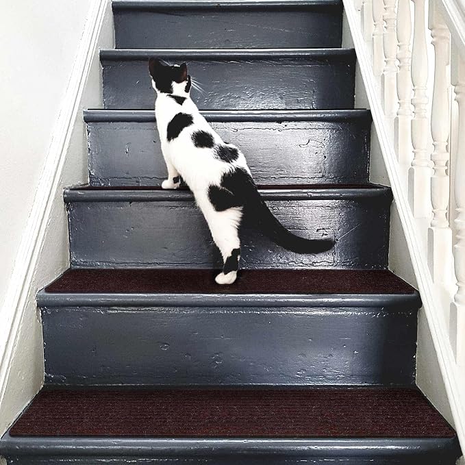 7 PCS Non Slip Stair Treads for Wooden Steps – 8"x30" Indoor Non Slip Stair Treads, Carpet Stair Mats with Self-Adhesive Backing, Removable & Machine Washable – Brown