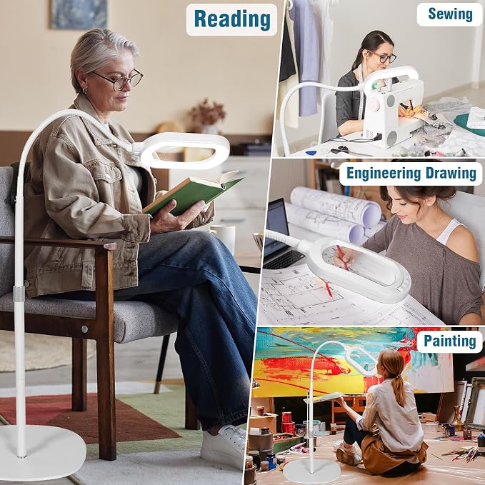 Large Magnifying Glass with Light and Stand, 15X Rectangle Optical Real Glass Lens, Height Adjustable Gooseneck Magnifier Floor Lamp, 5 Color Modes LED Dimmable Lighted Hands Free for Crafts - White