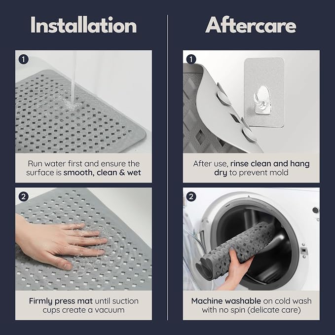 Bathtub Mat Non Slip 28x16 - homerella® Bath Mat Incl. Hooks for Drying, 100% BPA Free, Shower Mat Non Slip Anti Mold, Machine Washable, Shower Mats for Inside Shower Mildew Resistant (Clear)