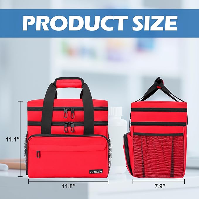 Large Medicine Storage Bag, Double Layer Pill Bottle Organizer Storage Bags with Lockable Zipper, Medication Travel Bag Carrying Case for Men Women (Red)
