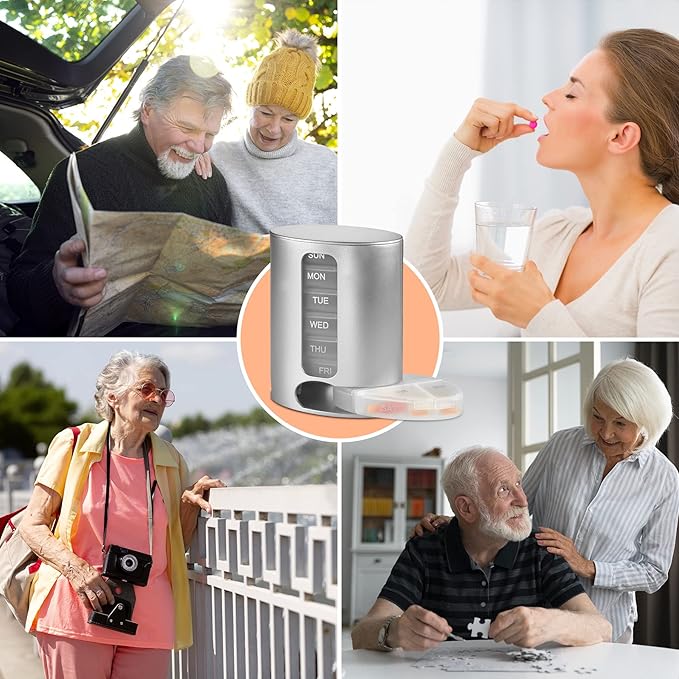 Stackable Daily Pill Organizer - Premium Weekly Medication Reminder with 7 Individual Stacking Cases - Weekly AM/PM Pill Box with 4 Times a Day, a Everyday Medicine Organizer for Vitamins, Silver