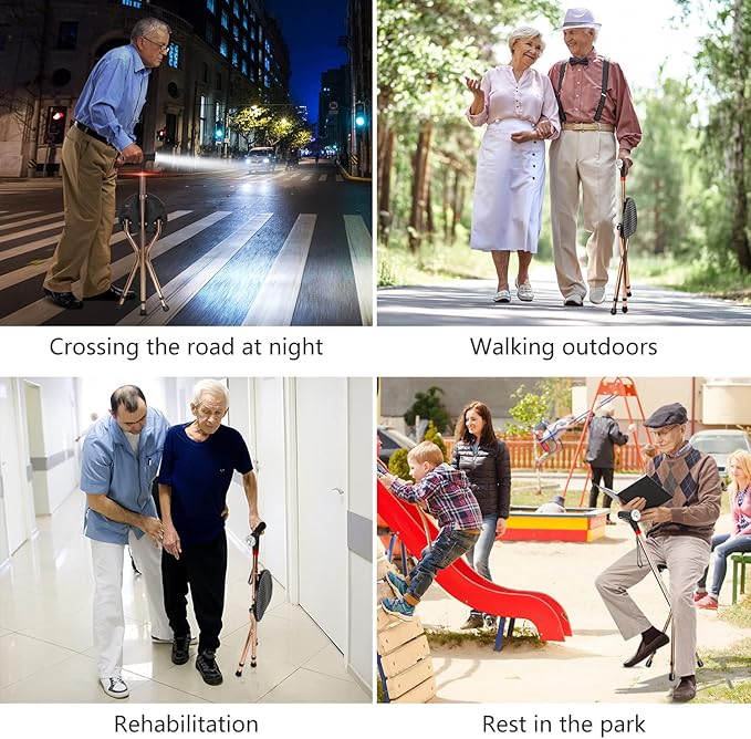 Cane with Seat for Men 220 lbs Capacity, Height Adjustable Foldable Stick Chair Cane and Stool Dual-use with LED Flashlight, Warning Light and Alarm for Elderly and Adults.