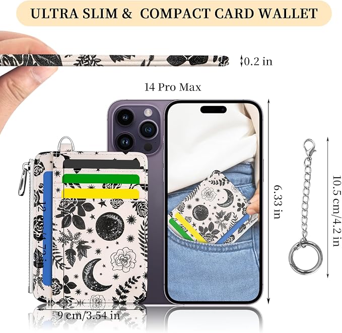 Hancynir Goth Floral Moon Small Wallet Women Credit Card Holder Slim RFID | Zipper Keychain Wallet, Key Chain, Travel Coin Front Pocket, Ladies Women Gifts, Thin Card Case, 6 Card Slots, PU Leather