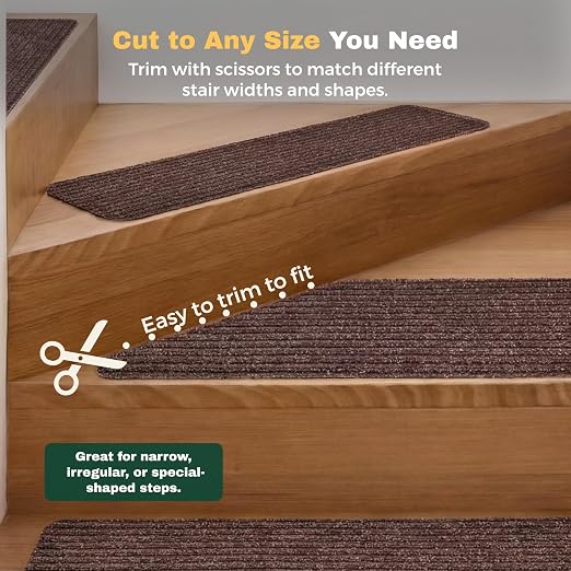 MBIGM Carpet Stair Landing Mat, 1 Pack, 2'6" x 2'6", Brown | Polyester carpet surface with PP mesh, nonwoven cushioning, and TPR adhesive backing for indoor stair coverage.