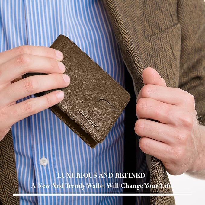 RUNBOX Wallet for Men -Slim Rfid Leather Mens Bifold Novelty Wallets 2 ID Window With Gift Box Men's Accessories | Minimalist Front Pocket Design, Holds 15 Cards, Large Capacity with Cash Pocket,Compact and Thin, Birthday Gifts for Men