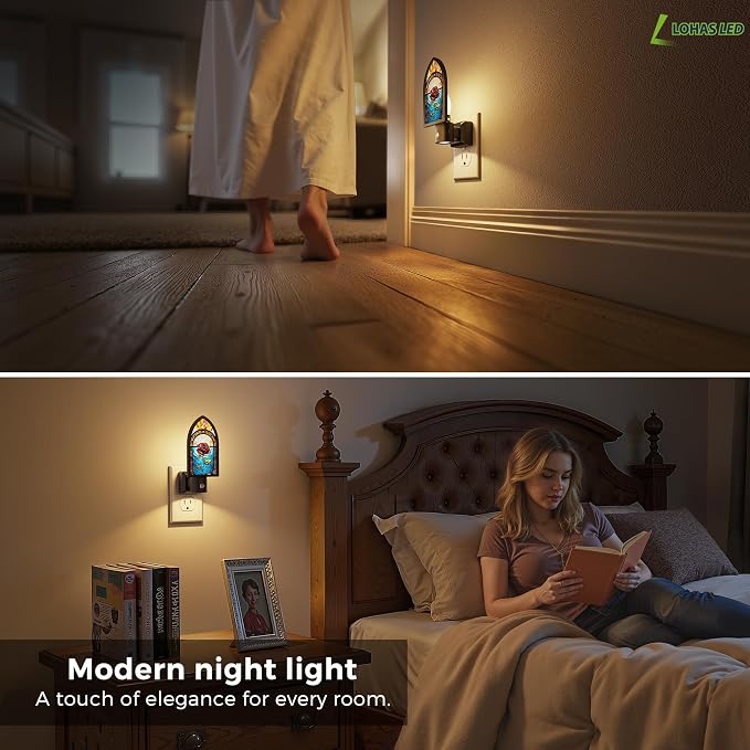 L LOHAS LED Night Lights Plug into Wall, Gothic Night Light with Light Sensor, 3000K Soft White, 0-100LM Adjustable Brightness, Acrylic Rose Nightlight for Bathroom Bedroom Hallway, 2 Pack
