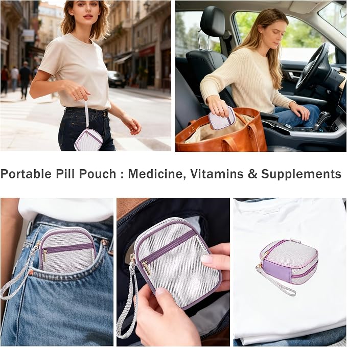 Weekly Travel Pill Organizer 2 Times A Day Pill Case for Purse with Removable AM PM 7 Day Pill Box Holder,Cute Medication Organizer Pill Container for Medicine, Vitamin, Supplement (Purple, Medium)