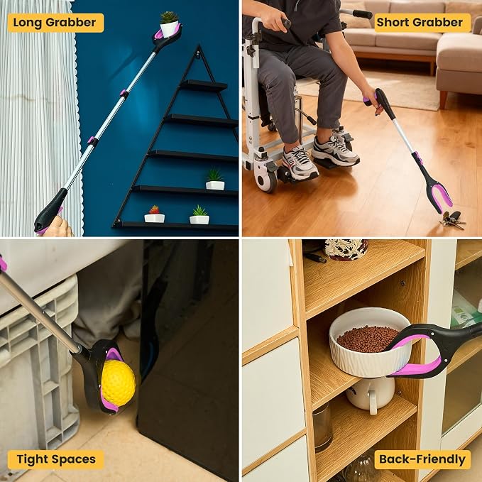 Telescopic Grabber Reacher Tool, 5-Level Adjustable Length (23'' to 41'') - Trash Claw Gripper, Pickup Stick for Litter Picking, Yard Work, and Seniors (Pink-2PC)