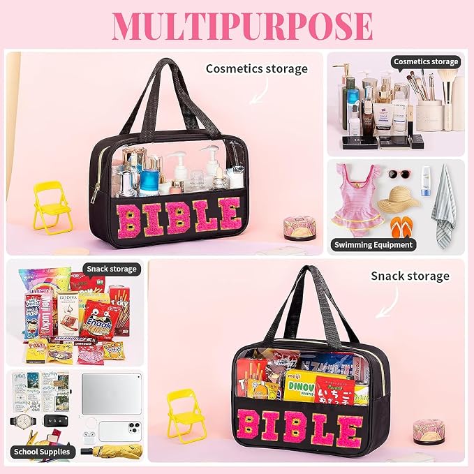 Chenille Pink Letter Bible Bag for Study Supplies Bible Cover Case for Women Girl, Church Bag for Bible Accessories with Handle and Zipper, Christian Gifts