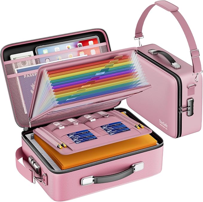 DocSafe Fireproof Document Box Hard Case with Lock & Accordion File Folder | Fire and Water Resistant Safe Box,File Organizer,Multi-Pocket,Home Office Travel Storage for Important Document,Laptop,Pink