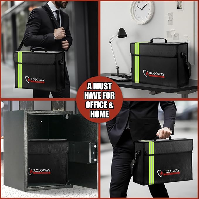 ROLOWAY Large Fireproof Bag 5200℉ Heat Insulated (17 x 12 x 5.8 inches) with Reflective Strip, Fireproof Document Bag for Cash Safe and Document Safe