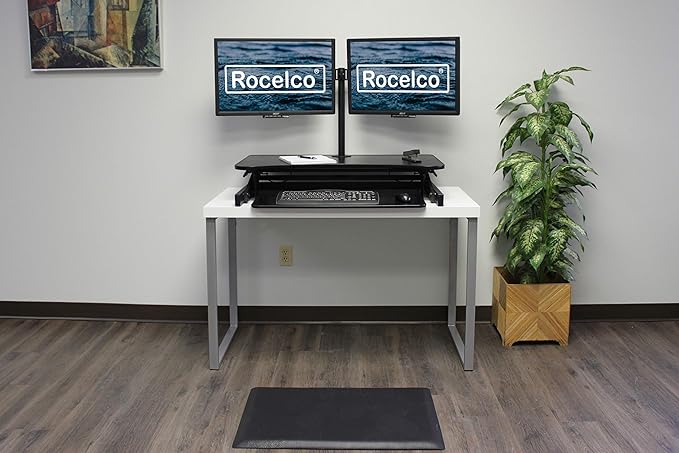 Rocelco 37.5" Deluxe Height Adjustable Standing Desk Converter with Dual Monitor Mount and Anti Fatigue Mat BUNDLE - Sit Stand Up Computer Workstation Riser - Keyboard Tray - Black (R DADRB-DM2-MAF)