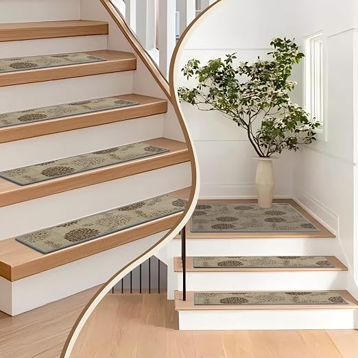 Non Slip Stair Treads for Wooden Steps, 1 Pack 30"x30" Washable Carpet | 30x30 in soft chenille polyester stair treads with reusable TPE backing for indoor wood stairs, dogs, kids, and seniors
