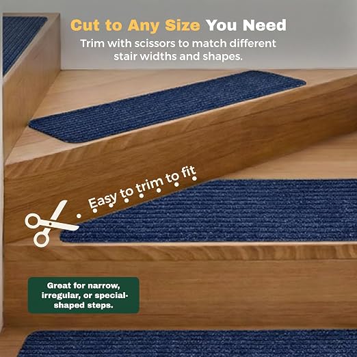 MBIGM Carpet Stair Treads for Wooden Steps, 15 Pack, 8" x 30", Navy Stripe | Four-layer polyester carpet with PP grid base, nonwoven cushion and TPR adhesive backing adds indoor traction and comfort