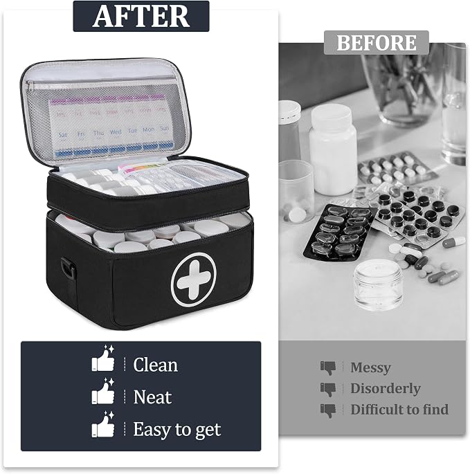 Medicine Organizer Bag with 7 Day pill box, 2 Layer Pill Bottle Bag | Lockable Medicine Travel Bag with Adjustable Divider, Suitable for Pills, Vitamins, Fish Oil,Medical Supplies