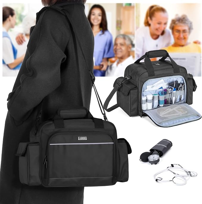 Trunab Home Health Nurse Bag Empty, Portable Medical Supplies Shoulder Bag | for Hospice, Home Visit, Hospital Interns, Black, Bag Only