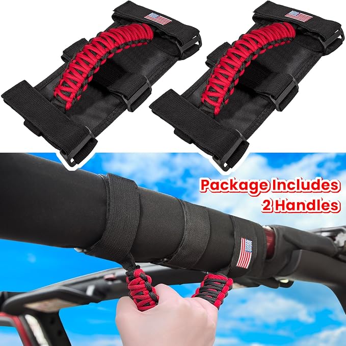 Roll Bar Grab Handles Grip Handle for Jeep Wrangler JK JKU JL JLU TJ YJ Sport Sahara Freedom Rubicon Unlimited Gladiator JT 1955-2023 UTV ATV Accessories Premium Paracord US Flag (Red 2 Pack)