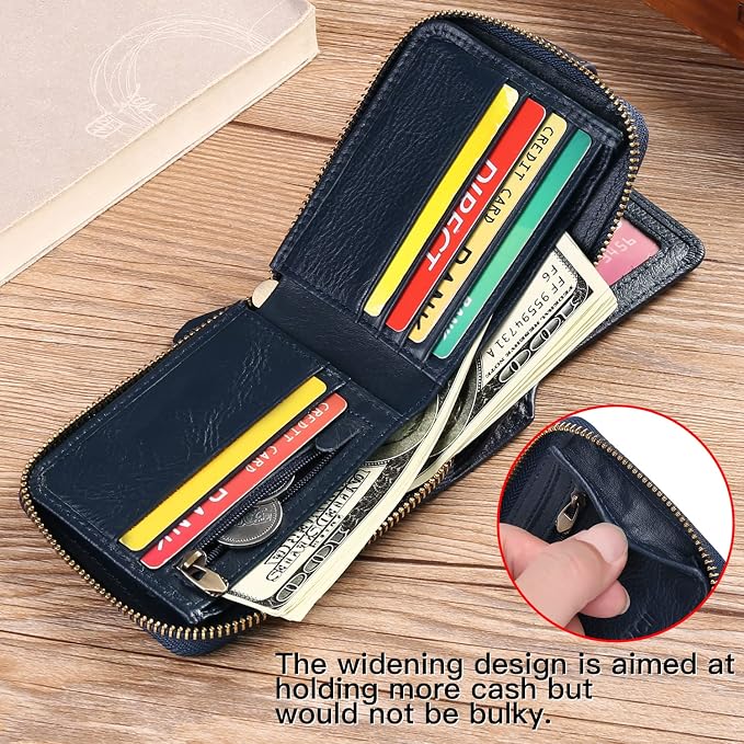 GOIACII Zipper Wallet for Men Genuine Leather RFID Blocking Mens Wallet with Zipper Coin Pocket ID Window Zipper Wallets Large Capacity