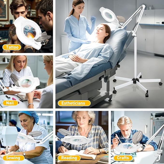 2200 Lumens Mag Lamp for Estheticians, 2-in-1 Magnifier Floor Light | 144 LED Stepless Dimmable, 10X Real Glass, 4 Wheel Rolling Stand Mag Lamp for Estheticians Facial Tattoo Craft Reading