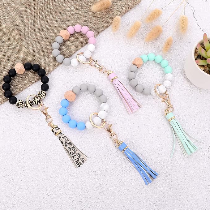 BAOSIWA Silicone Beaded Bracelet Keychain Wristlet Key Ring Bangle Chains for Women with Leather Tassel