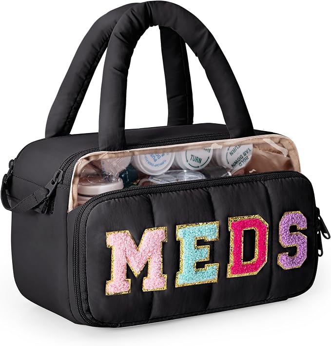 Fasrom Chenille Letter Medicine Bag, Pill Bottle Organizer for Travel Meds | Preppy Patch Design, Puffy Handle, Portable Storage for Medical Supplies & Toiletries, Makeup Case for Women