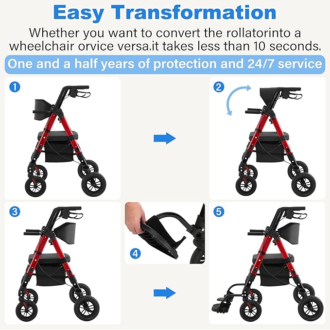 Walkers for Seniors,Heavy Duty Rollator Walker Wheelchair Combo, 2 in 1 Rollator Transport Chair with Brakes, 450 lb Rolling Walker 10" Big Wheels for All Terrain, Red