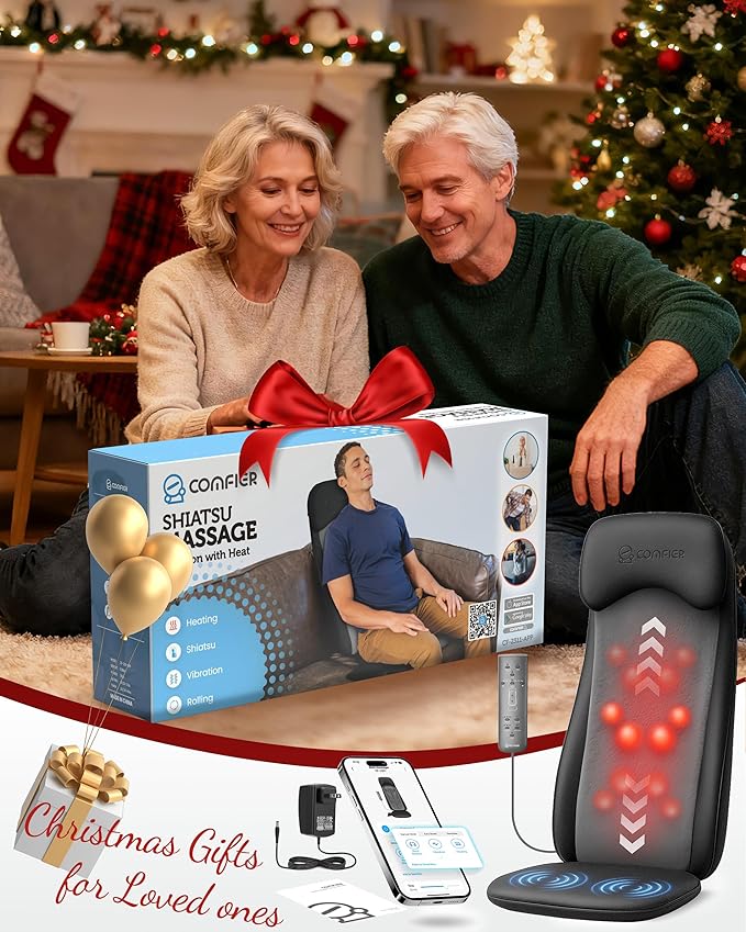 COMFIER Shiatsu Massage Cushion with Heat,2D/3D Shiatu Back Massager with App Control,Deep Tissue Kneading Massage Chair Pad with Vibration,Back Massager for Chair,Gifts for Dad,Mom