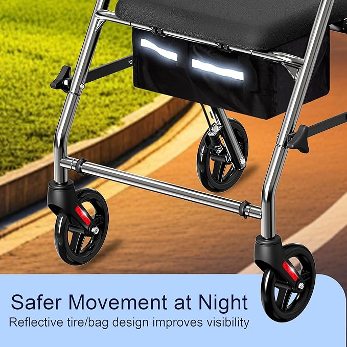 Foldable Rollator Walker with Seat for Seniors, All-Terrain Wheels, 350lb Capacity, Reinforced Inner Metal Rod for Easy Folding & One-Hand Carry, Lightweight Rolling Walker - Grey