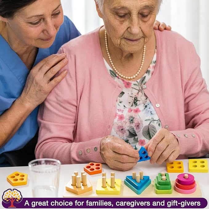 Dementia Toys for Seniors, Easy Wooden Activities for Alzheimer Patients | Color & Number Cognitive Dementia Product for Elderly, 15 Pieces Parkinson Game Puzzle Shape Pattern Matching Board Gift