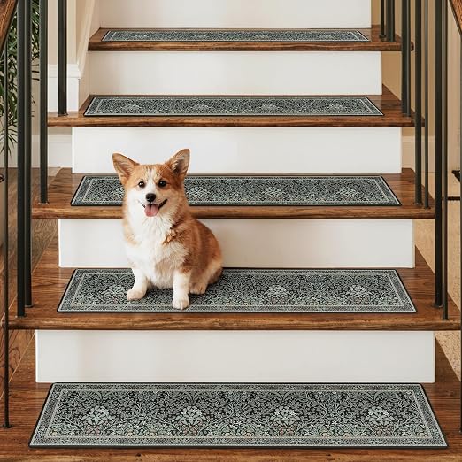 OJIA Black Stair Runner Non-Slip Stair Treads for Wooden Steps 15PCS 30"x8" | Floral Stair Runners Indoor Carpet Stair Treads Stair Mats Staircase Step Treads for Kids, Elders and Dogs, Stair Covers