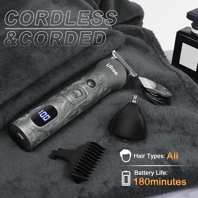 Ufree Hair Clippers for Men, Cordless Beard Trimmer, Grooming Kit, Gray | T-Blade, 6500RPM, 1-22mm Adjustable Comb, Type-C, 180min Runtime, for Beard, Stubble, Nose and Crisp Edges, Men Gift