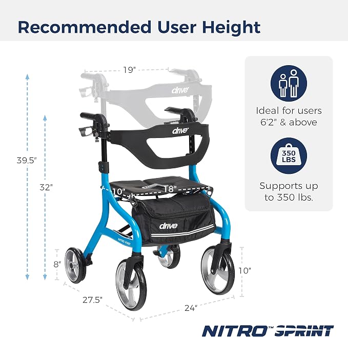 Drive Medical Nitro Sprint Rollator Walker with Seat, Tall Height, Blue | Lightweight Rollator with Large Wheels Offers Foldable, Four Wheel Support for Tall Users Every Single Day