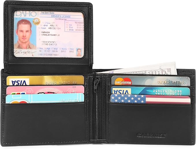 Slim RFID Blocking Leather Wallet for Men, Front Pocket Bifold Wallet with Zipper Coin Pocket and 2 ID Windows, Credit Card Holder