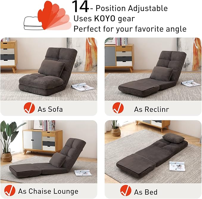 Indoor Chaise Lounge Sofa, Floor Chair with Back Support for Adults, 14 Angle Adjustment Recliner Chair, Folding Floor Lounger with Pillow 8823(Brown)